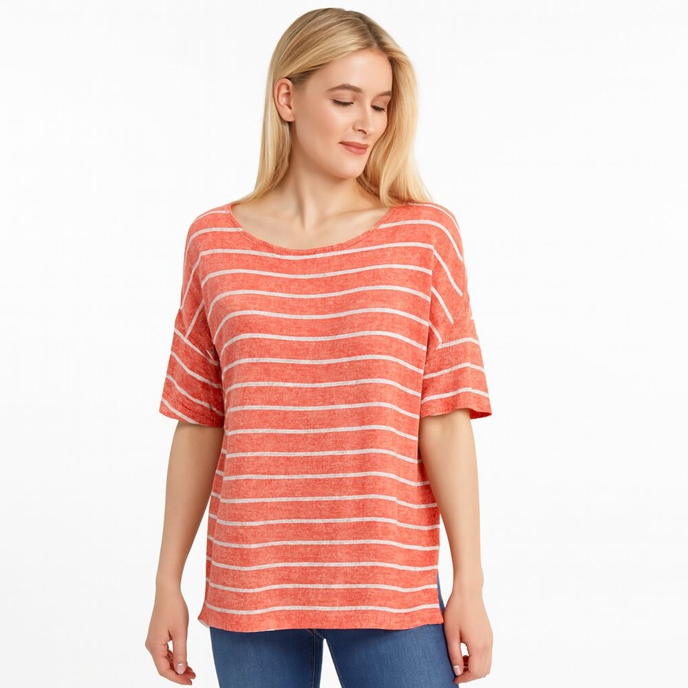 Chaus Women’s Striped Sweater Short Sleeve Scoop Neck Orange White Size Medium